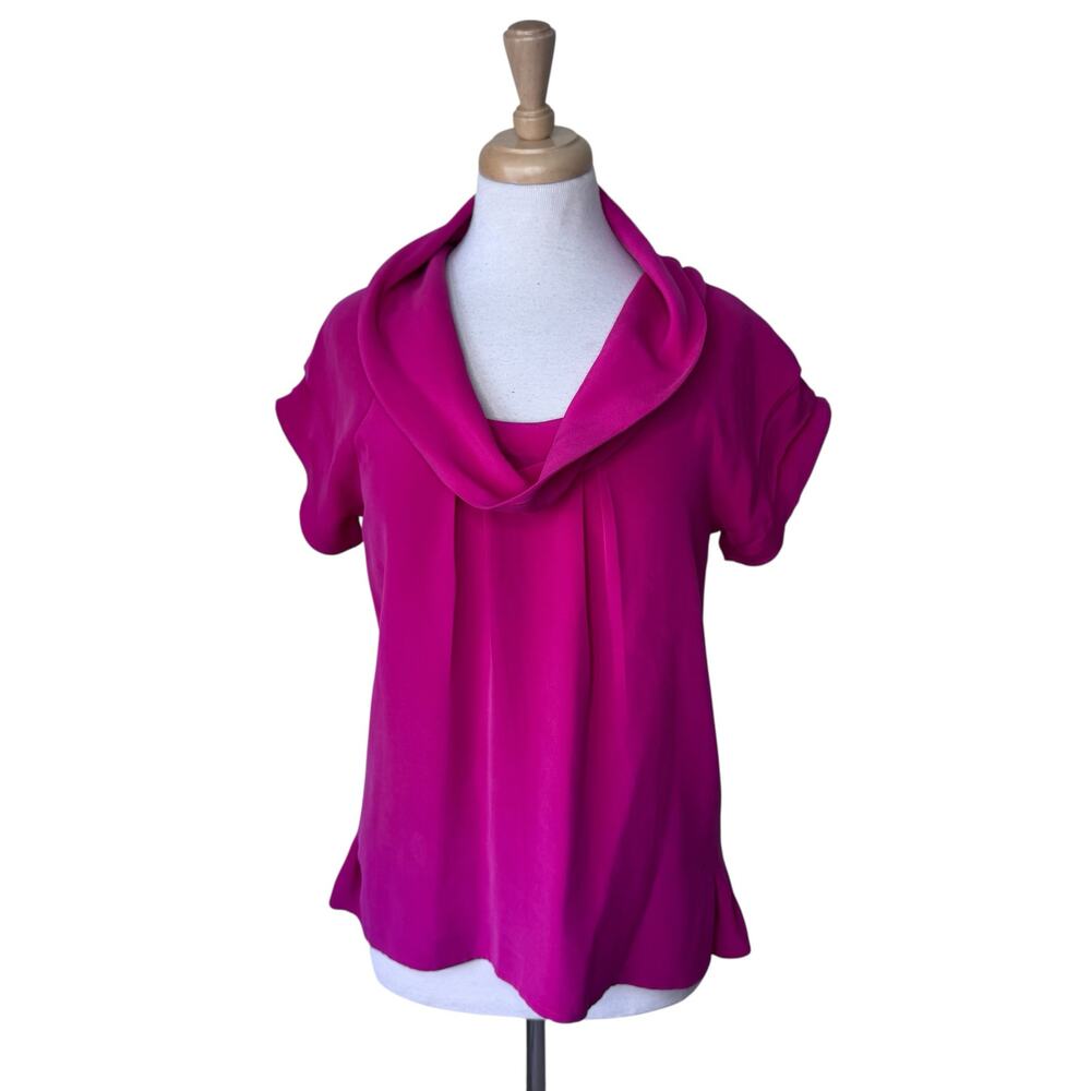 MADISON MARCUS 100% Silk Fuchsia Short Sleeve Draped Pleated Cowl Neck Blouse M